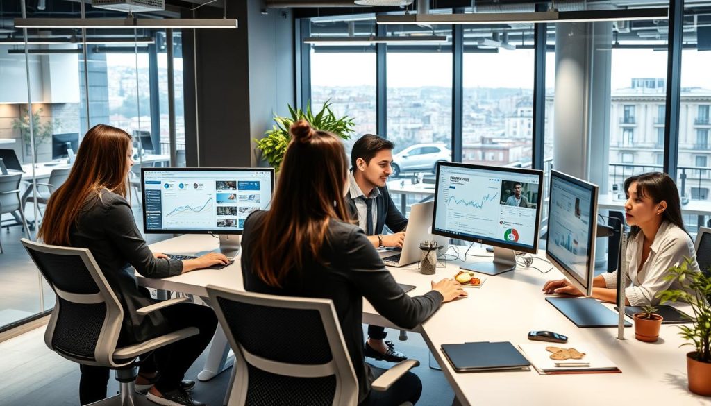A digital marketing team working in a modern office in Italy A digital marketing team working in a modern office in Italy