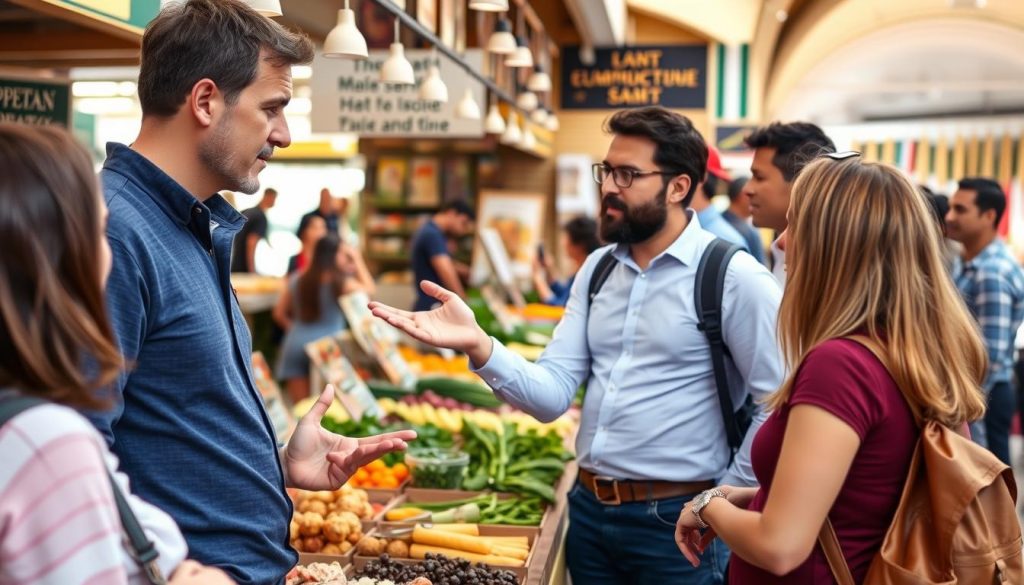 A food tour guide explaining Italian cuisine to tourists in a market in Italy A food tour guide explaining Italian cuisine to tourists in a market in Italy