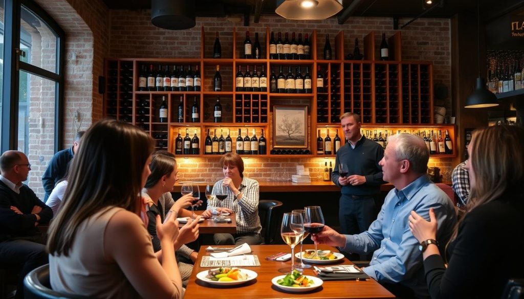 A stylish wine bar in Italy with customers enjoying wine tasting A stylish wine bar in Italy with customers enjoying wine tasting