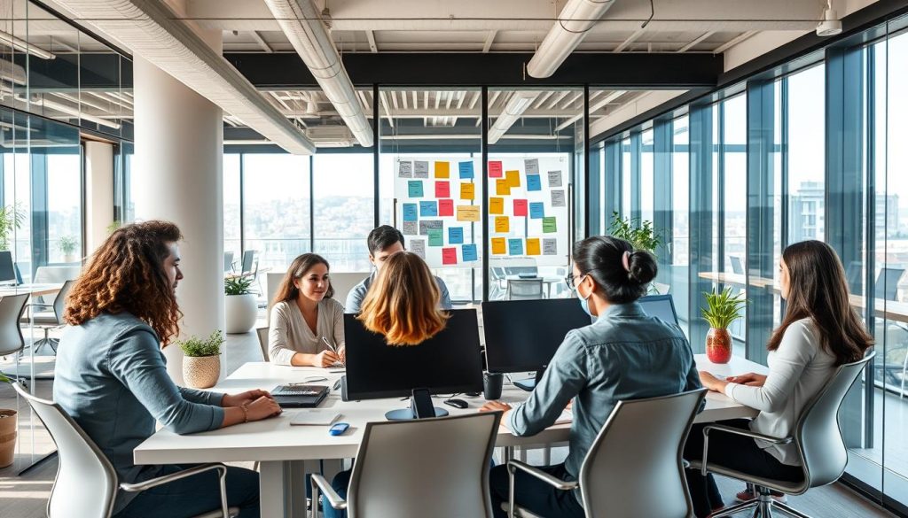 A tech startup team working in a modern co-working space in Italy A tech startup team working in a modern co-working space in Italy