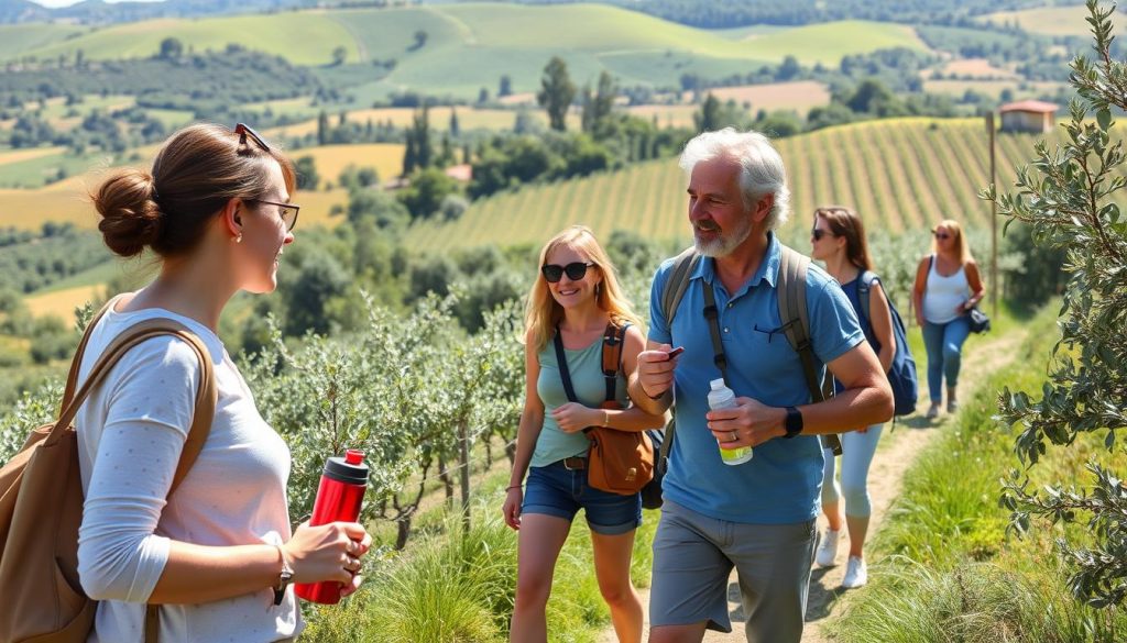An eco-tourism guide leading tourists through an Italian countryside experience An eco-tourism guide leading tourists through an Italian countryside experience