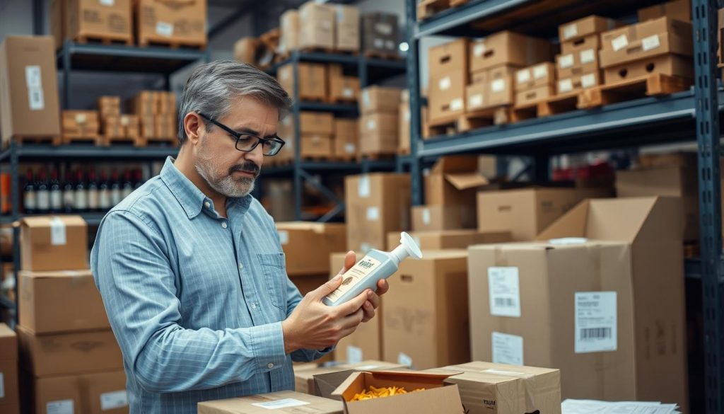 An import/export business owner inspecting Italian products for international shipping An import/export business owner inspecting Italian products for international shipping