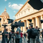 Italian film production set with camera crew filming in a historic location in Rome, showcasing the blend of modern filmmaking and classic Italian architecture