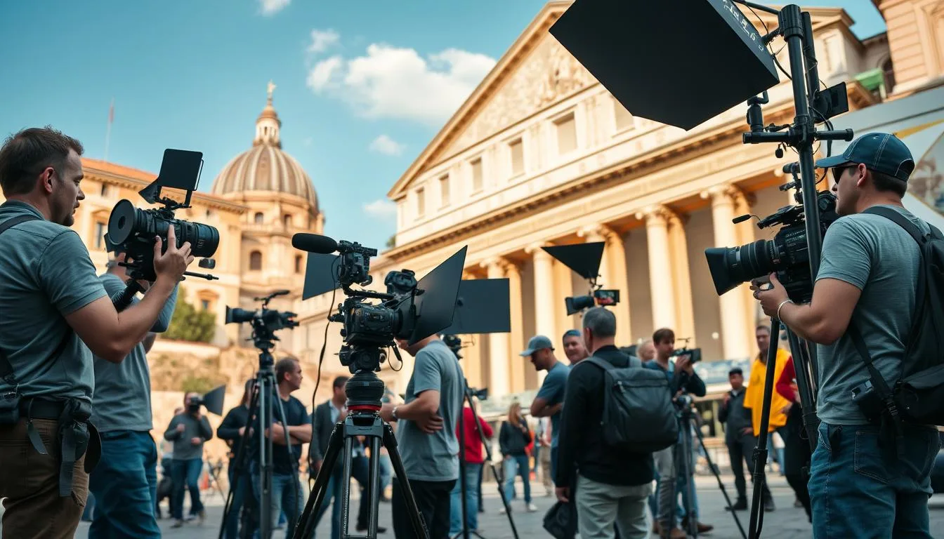 Italian film production set with camera crew filming in a historic location in Rome, showcasing the blend of modern filmmaking and classic Italian architecture