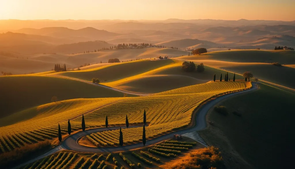 Panoramic view of Tuscan countryside with rolling hills, vineyards, and cypress trees - a perfect filming location for a production company in Italy Panoramic view of Tuscan countryside with rolling hills, vineyards, and cypress trees - a perfect filming location for a production company in Italy