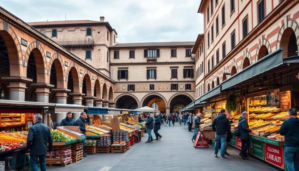 Bologna's historic porticoes and food markets showcasing the city's culinary heritage alongside modern business developments in Italy's food industry hub Bologna's historic porticoes and food markets showcasing the city's culinary heritage alongside modern business developments in Italy's food industry hub