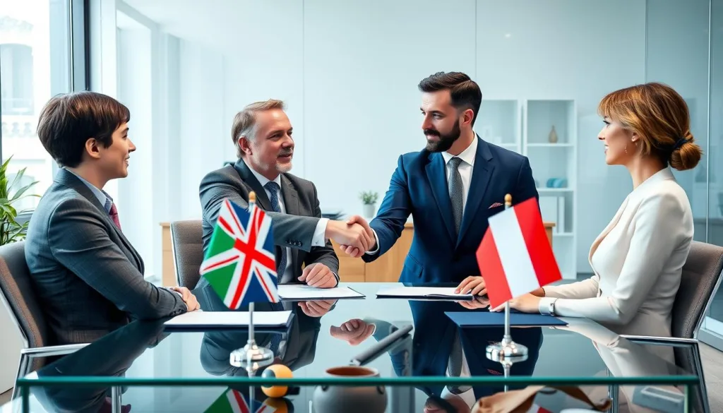 British and Italian business professionals meeting in an Italian office with flags of both countries visible, representing UK-Italy business relations British and Italian business professionals meeting in an Italian office with flags of both countries visible, representing UK-Italy business relations