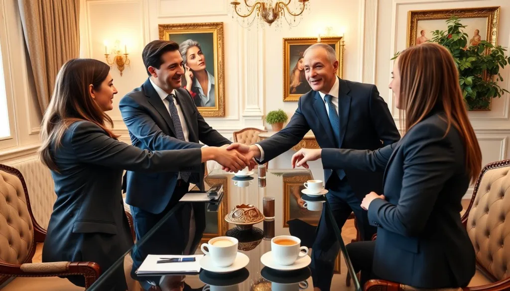 Italian business meeting showing traditional greeting and relationship-building, essential aspects of business in Italy Italian business meeting showing traditional greeting and relationship-building, essential aspects of business in Italy