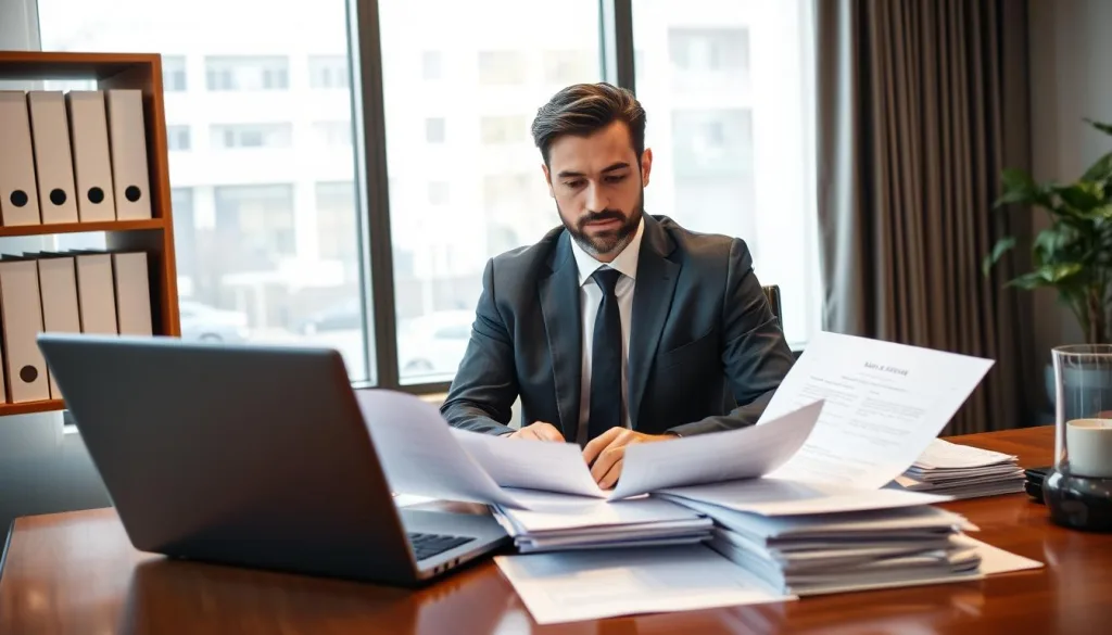 Italian business professional navigating paperwork, representing the bureaucratic challenges of doing business in Italy Italian business professional navigating paperwork, representing the bureaucratic challenges of doing business in Italy