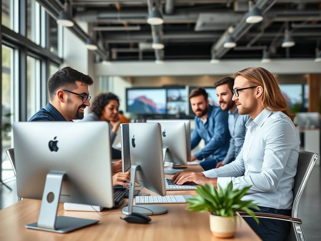 Italian tech startup office with team collaborating, representing the growing business opportunities in Italy's digital sector Italian tech startup office with team collaborating, representing the growing business opportunities in Italy's digital sector