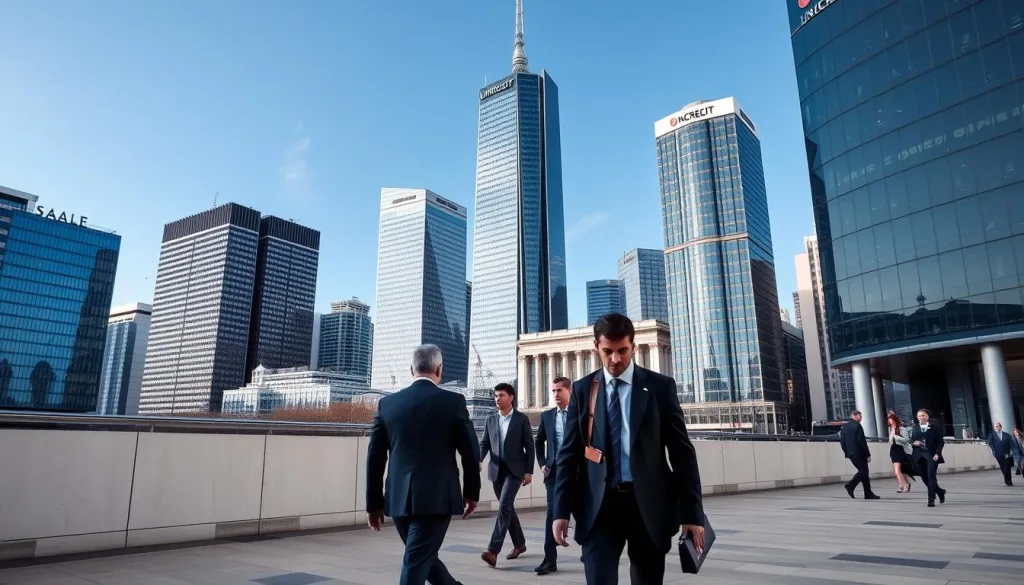 Milan skyline featuring modern business district with Unicredit Tower and other financial buildings, showcasing Italy's financial center Milan skyline featuring modern business district with Unicredit Tower and other financial buildings, showcasing Italy's financial center