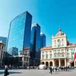 Panoramic view of Italian business district with modern skyscrapers alongside historic architecture, symbolizing Italy's blend of tradition and innovation in its economy