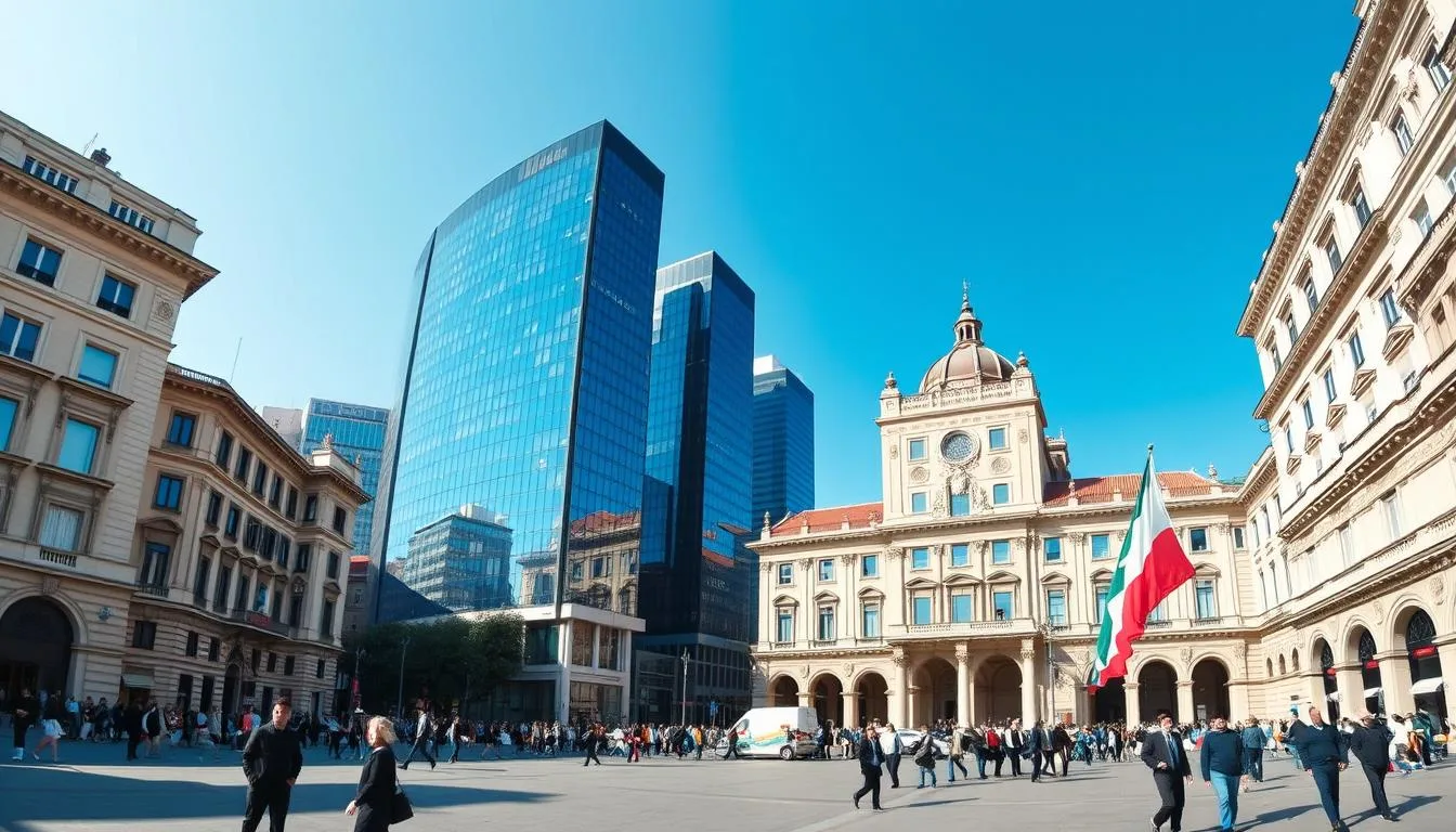 Panoramic view of Italian business district with modern skyscrapers alongside historic architecture, symbolizing Italy's blend of tradition and innovation in its economy