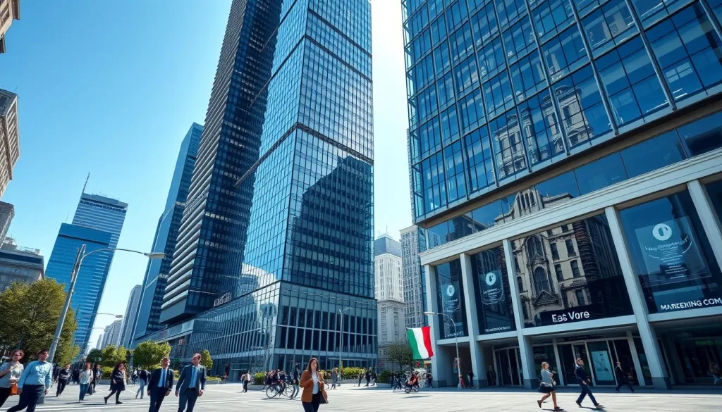Panoramic view of Milan's business district with modern skyscrapers representing business in Italy Panoramic view of Milan's business district with modern skyscrapers representing business in Italy