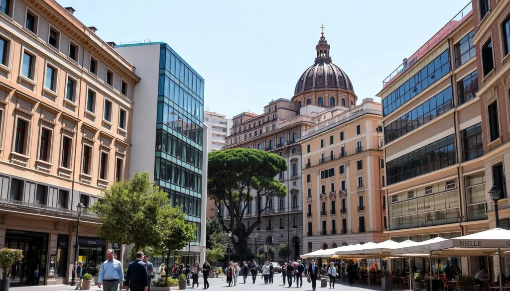 Panoramic view of Rome's business district with historic architecture in background, representing the blend of tradition and commerce in Italy's capital Panoramic view of Rome's business district with historic architecture in background, representing the blend of tradition and commerce in Italy's capital