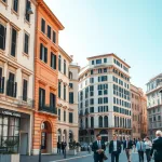 Italian business district with modern buildings and traditional architecture, representing opportunities for starting a business in Italy as a foreigner