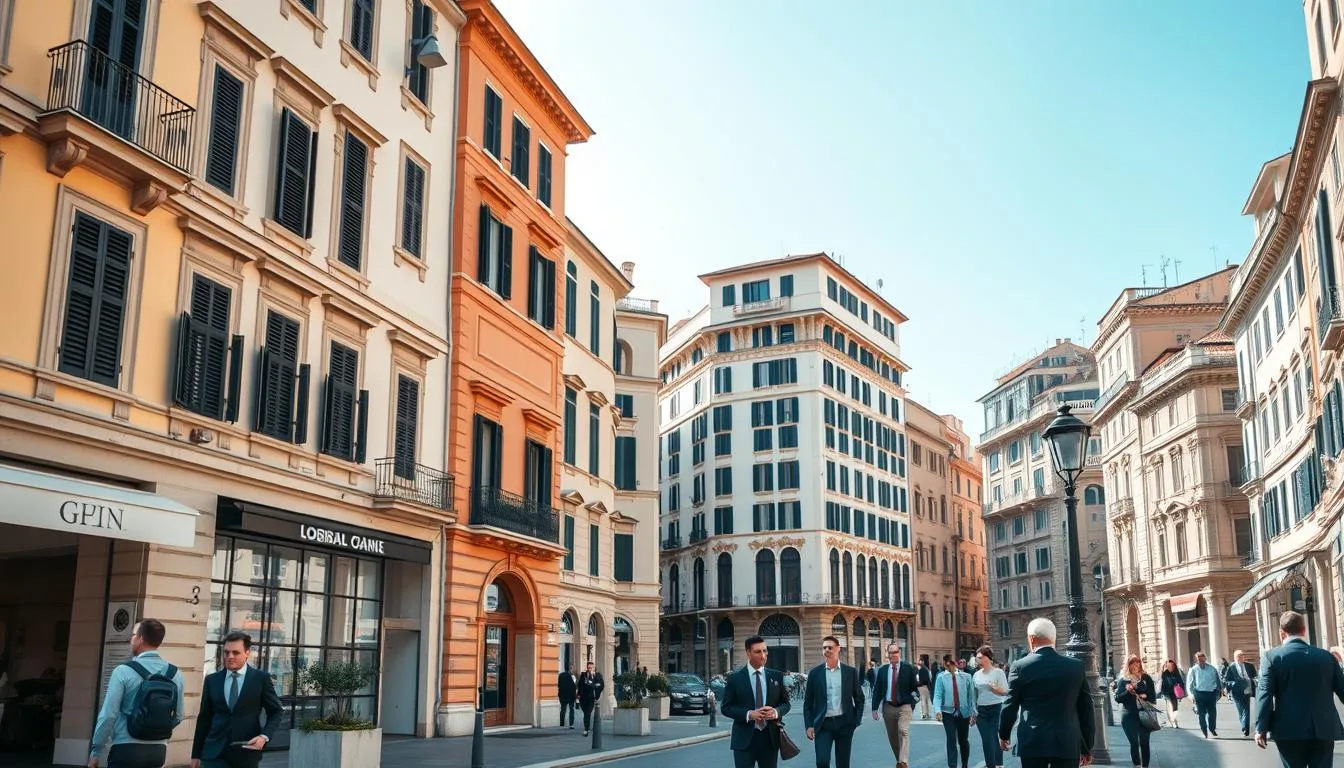 Italian business district with modern buildings and traditional architecture, representing opportunities for starting a business in Italy as a foreigner