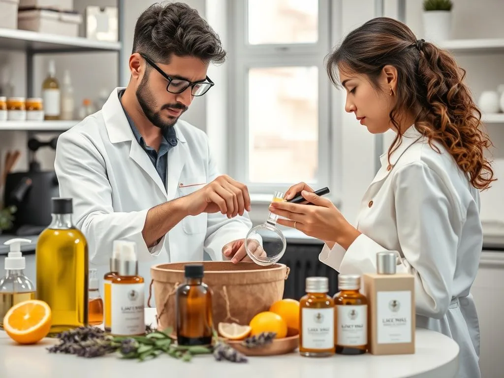 Entrepreneur creating organic skincare products using Italian botanical ingredients Entrepreneur creating organic skincare products using Italian botanical ingredients