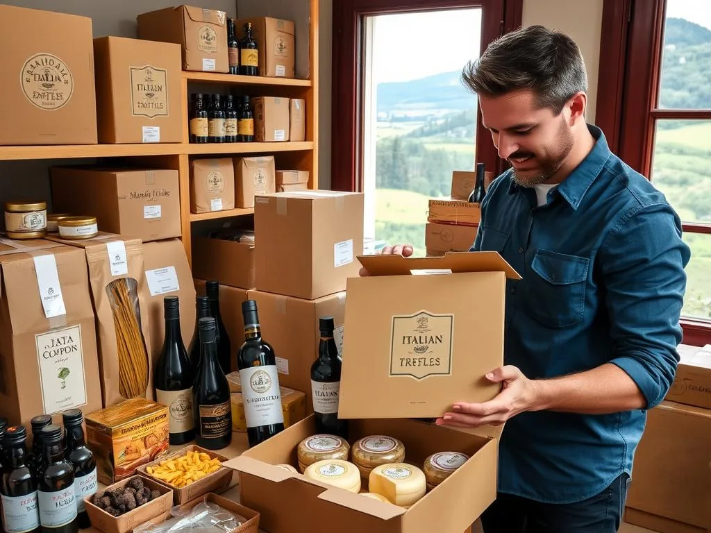 Entrepreneur packaging artisanal Italian food products for international shipping Entrepreneur packaging artisanal Italian food products for international shipping