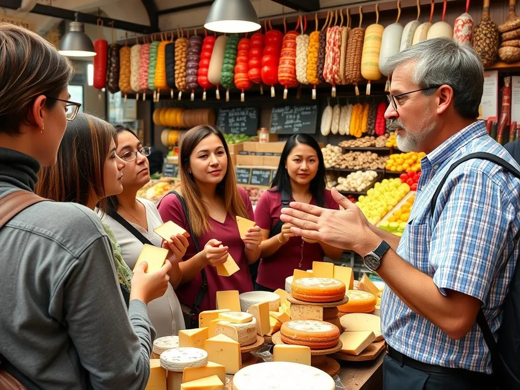 Food tour guide explaining Italian cheese varieties to tourists in a local market Food tour guide explaining Italian cheese varieties to tourists in a local market