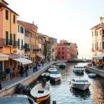 Italian coastal town with small businesses and cafes along the waterfront