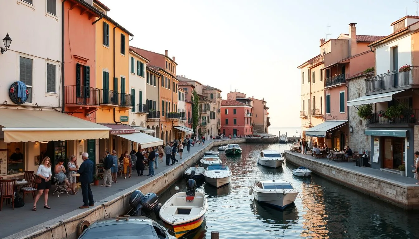 Italian coastal town with small businesses and cafes along the waterfront