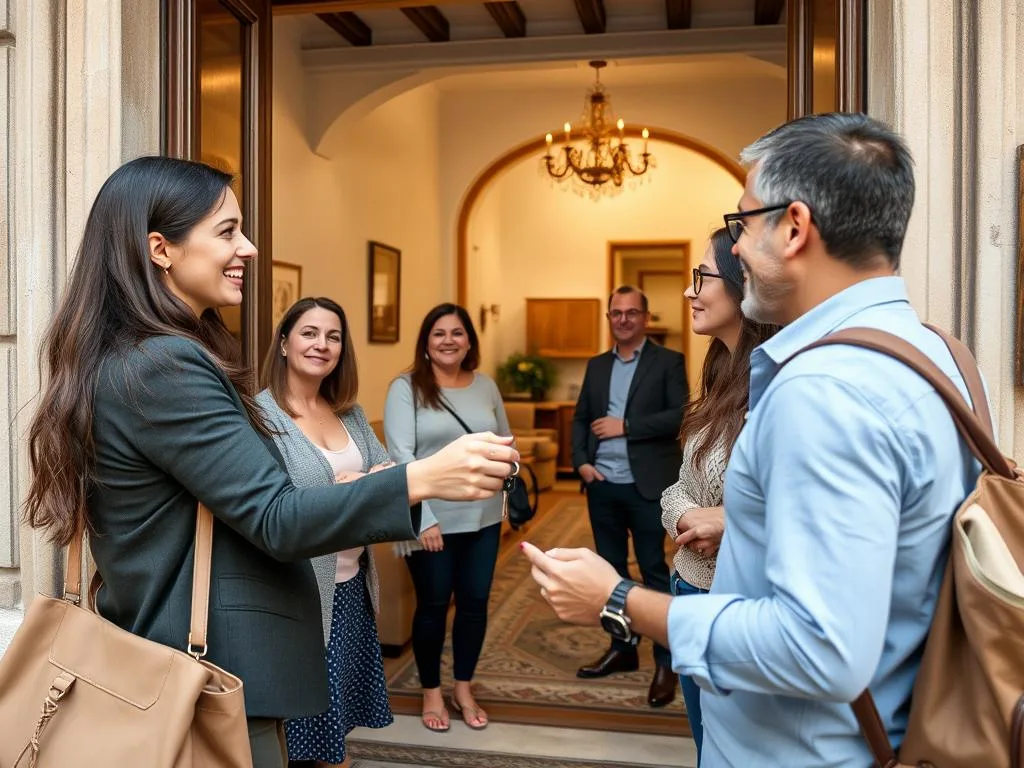 Property manager handing keys to tourists at an Italian vacation rental apartment Property manager handing keys to tourists at an Italian vacation rental apartment